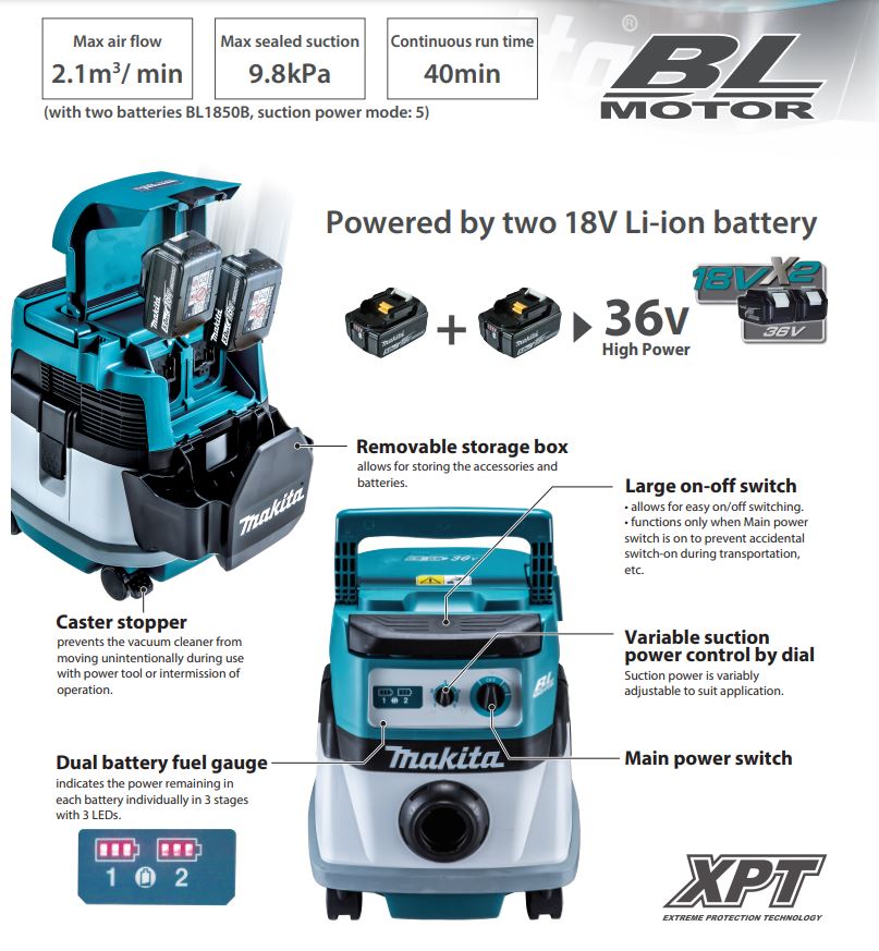 Makita DVC862LPT2/ LRT2/ LZ 18V Cordless Vacuum Wet/Dry