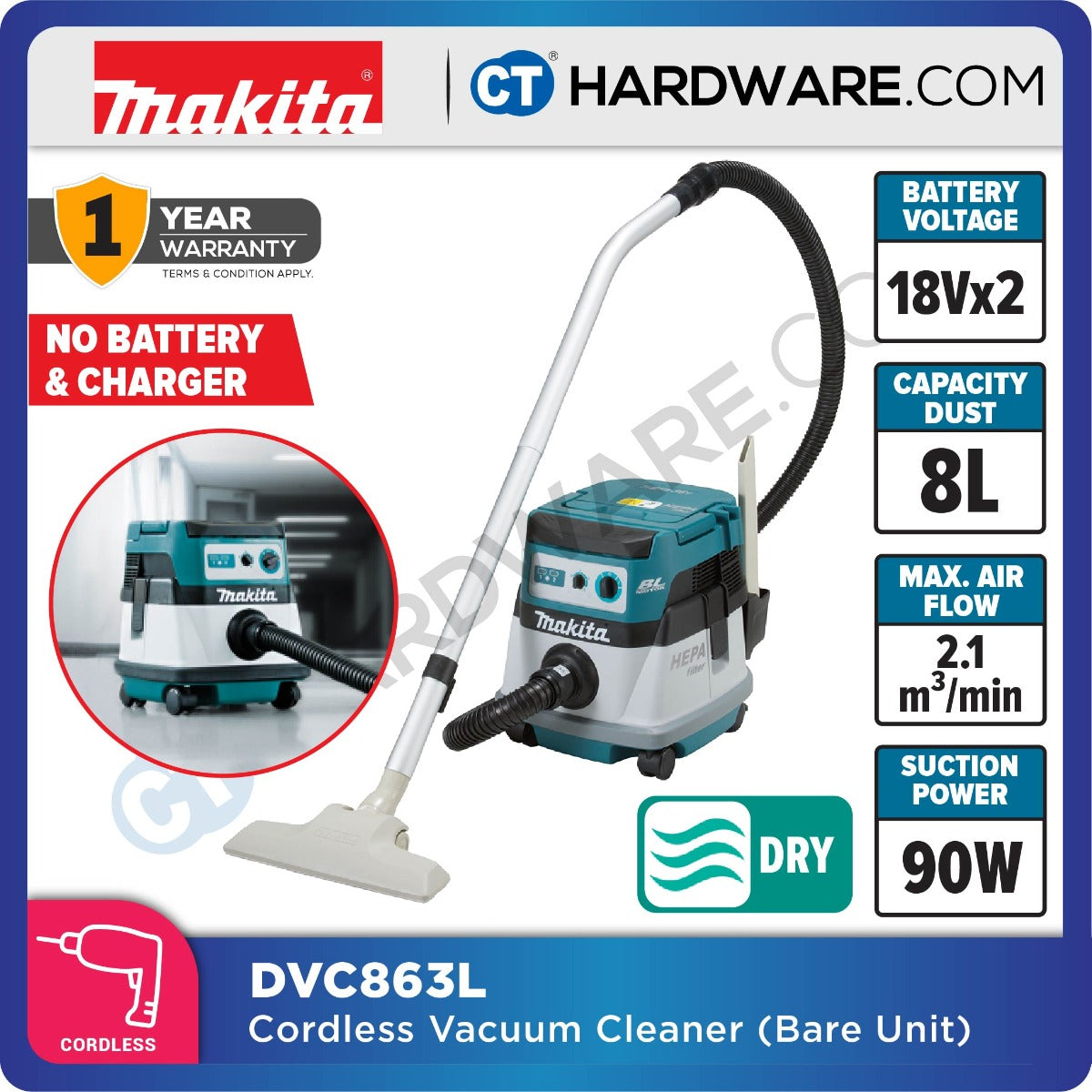 Makita DVC863LZ Twin 18v  Li-ion Brushless Cordless L-Class Dust Extractor (LXT Series)
