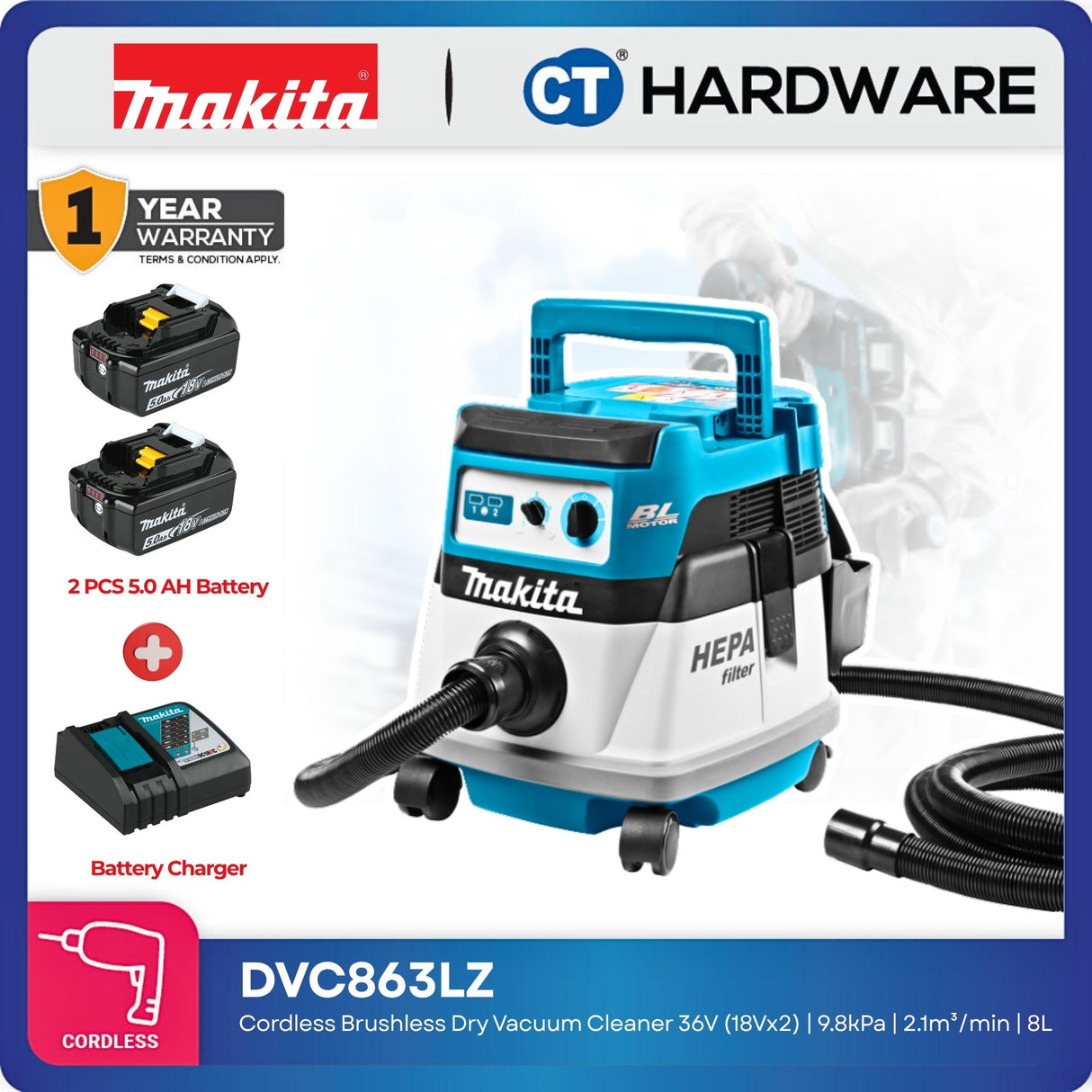 Makita DVC863LZ Cordless Brushless Dry Vacuum Cleaner 36V (18Vx2) | 9.8kPa | 2.1m³/min | 8L | [Set Pack with 5.0 Ah Battery]