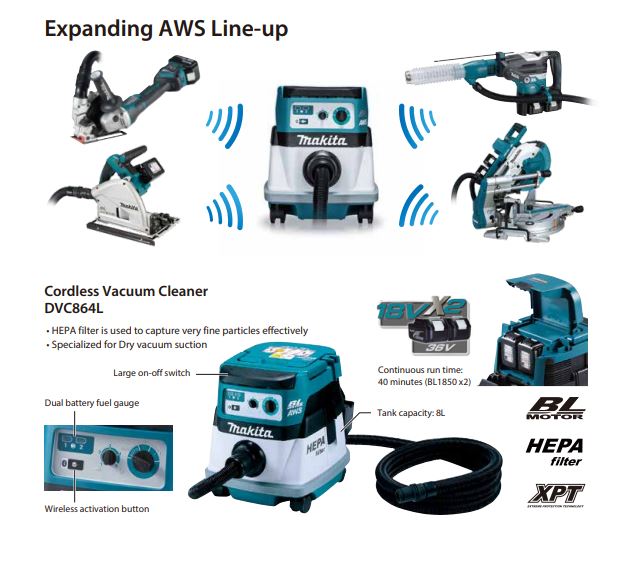 MAKITA DVC864LZ BRUSHLESS VACUUM CLEANER ( DRY )18V X2  2.1M3/MIN 9.8KPA 8L 90W NO BATTERY & CHARGER