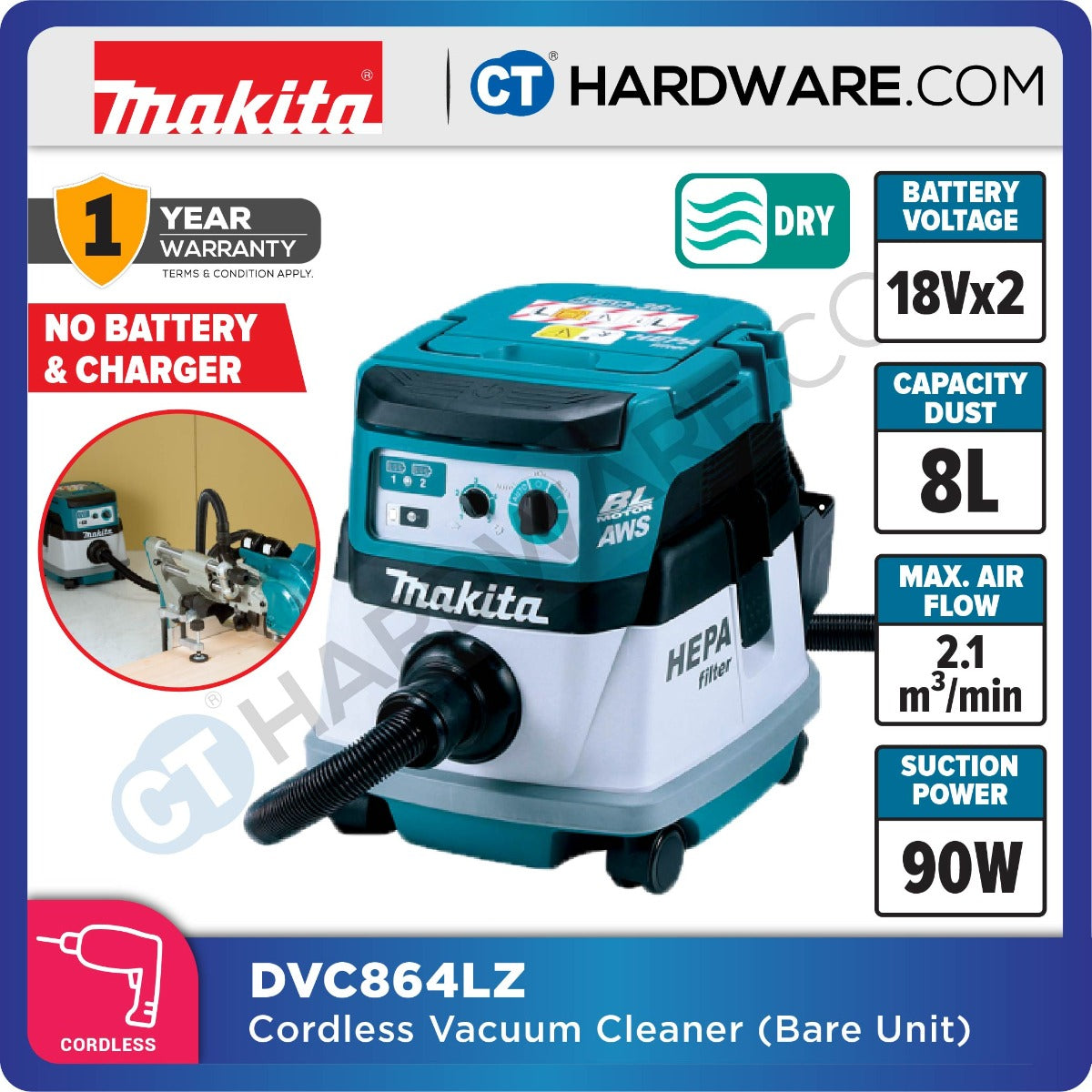 MAKITA DVC864LZ BRUSHLESS VACUUM CLEANER ( DRY )18V X2  2.1M3/MIN 9.8KPA 8L 90W NO BATTERY & CHARGER
