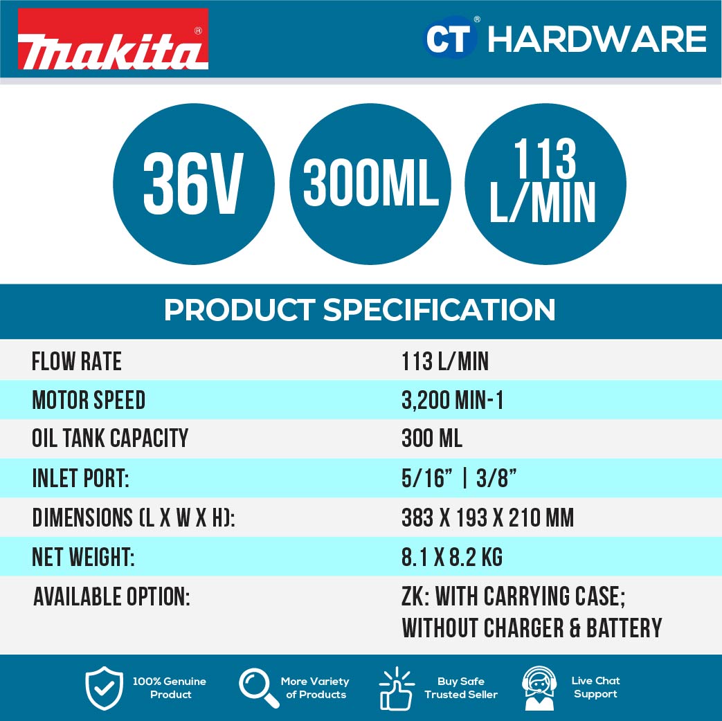 MAKITA DVP181ZK CORDLESS VACUUM PUMP 18VX2 113L/MIN MOTOR MOTOR SPEED 3200MIN WITHOUT BATTERY & CHARGER