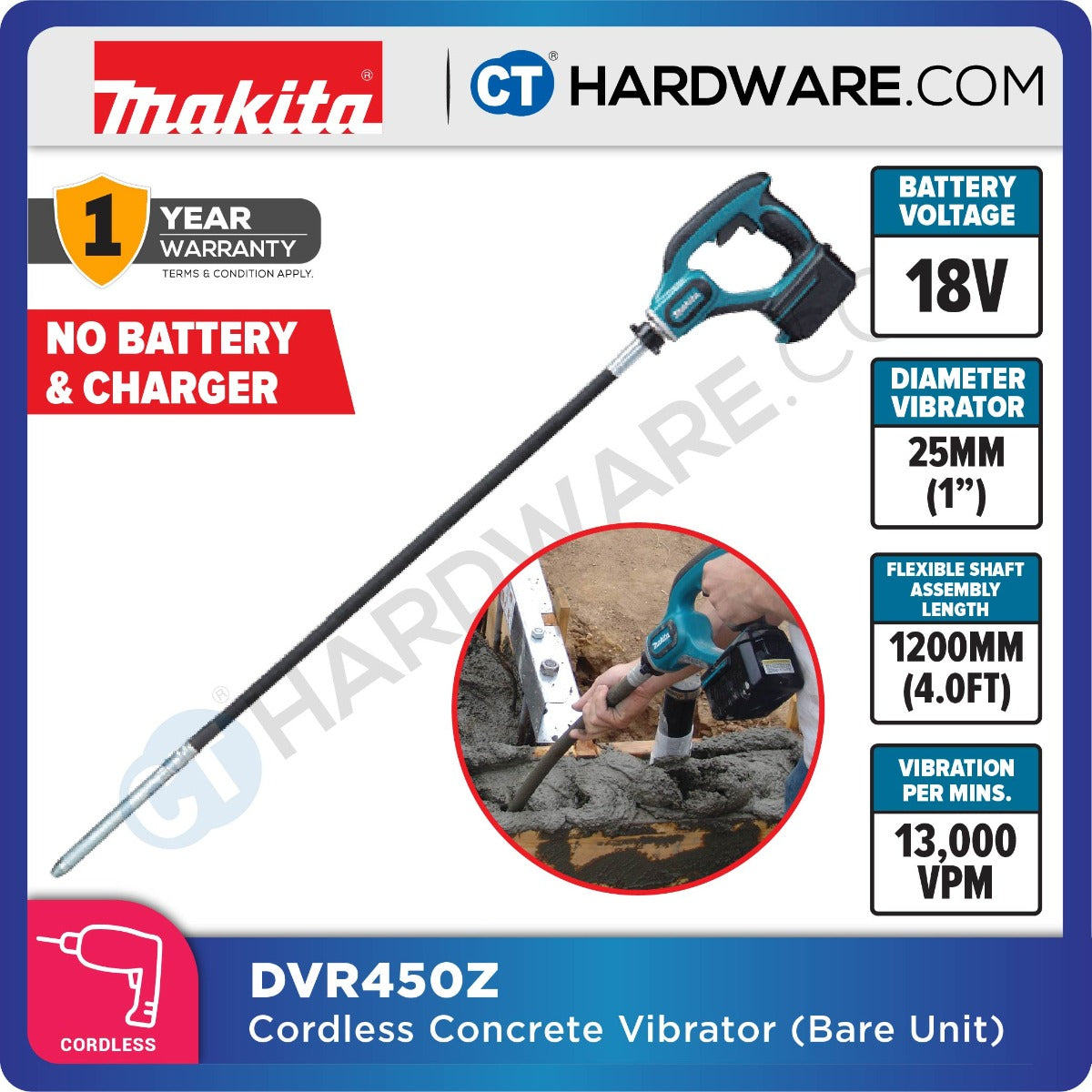 MAKITA DVR450Z 1,200mm (4.0ft) CORDLESS CONCRETE VIBRATOR (TOOL ONLY) (LXT SERIES)