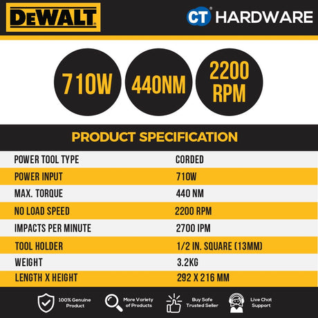 DEWALT DW292 HEAVY DUTY IMPACT WRENCH 1/2" 13MM 710W 2100RPM 440NM 3.2KG