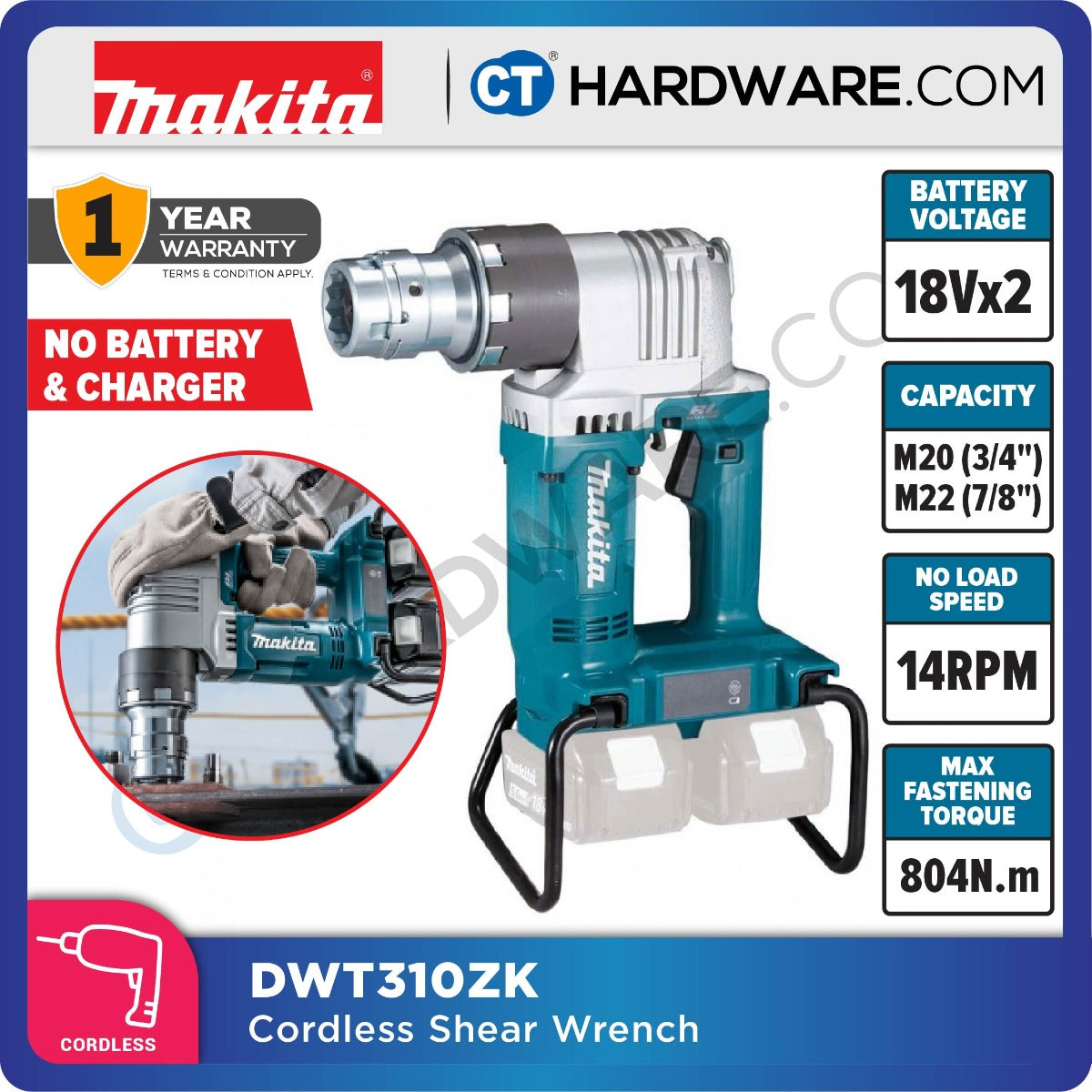 MAKITA DWT310ZK CORDLESS SHEAR WRENCH 18V 804NM W/O BATT & CHARGER ( SOLO ) BL / XPT