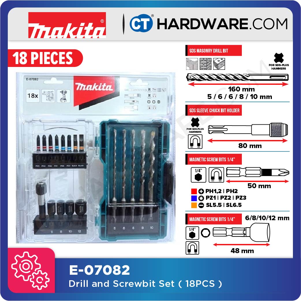 MAKITA E-07082 SDS PLUS MANSORY DRILL BIT & SCREW BIT ACCESSORIES SET 18PCS [ E07082 ]