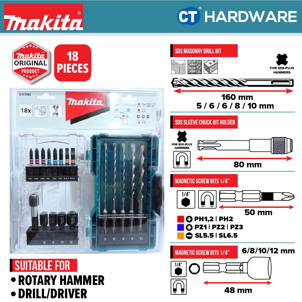 MAKITA E-07082 SDS PLUS MANSORY DRILL BIT & SCREW BIT ACCESSORIES SET 18PCS [ E07082 ]