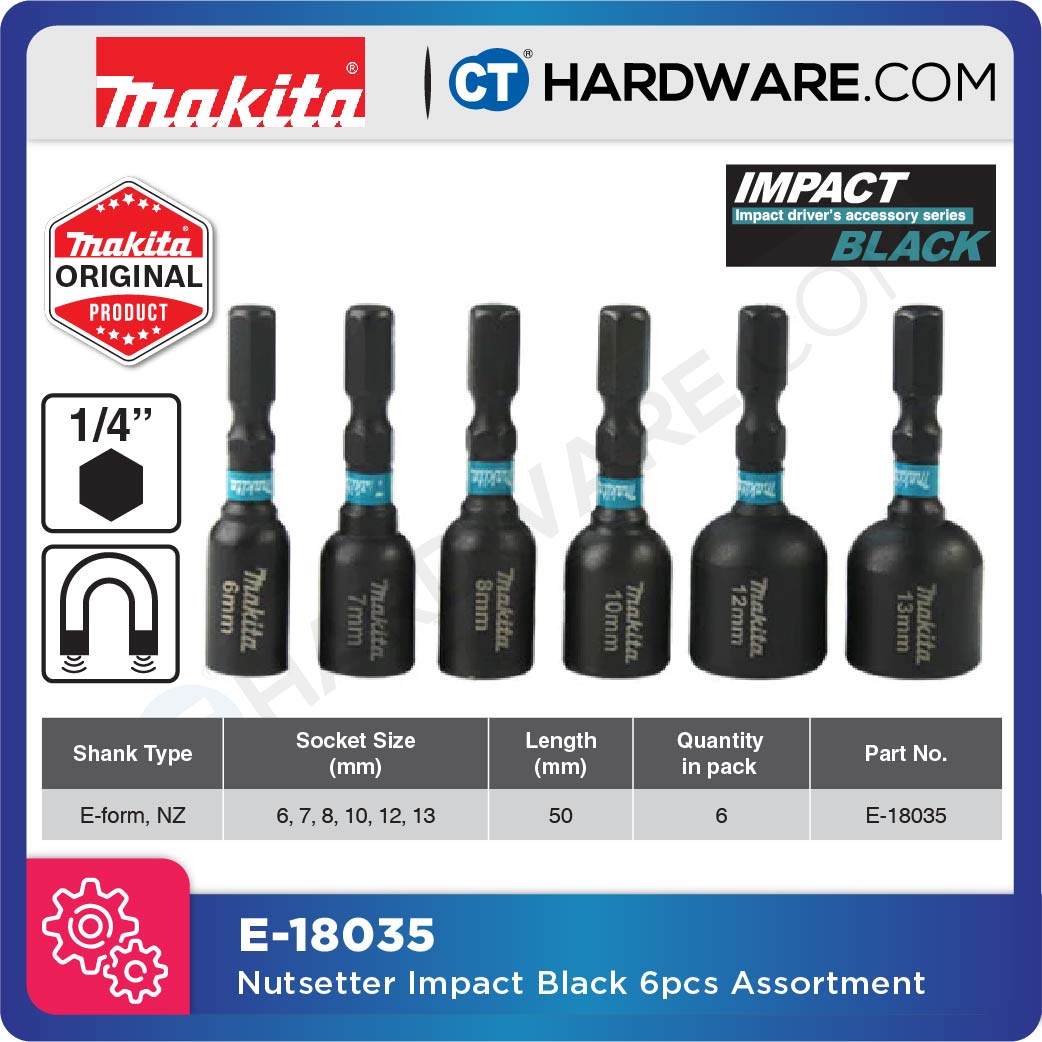 MAKITA E-18035 NUTSETTER IMPACT BLACK E-FORM, NZ SHANK TYPE | 50MM | SIZE 6-13MM [ E18035 ]