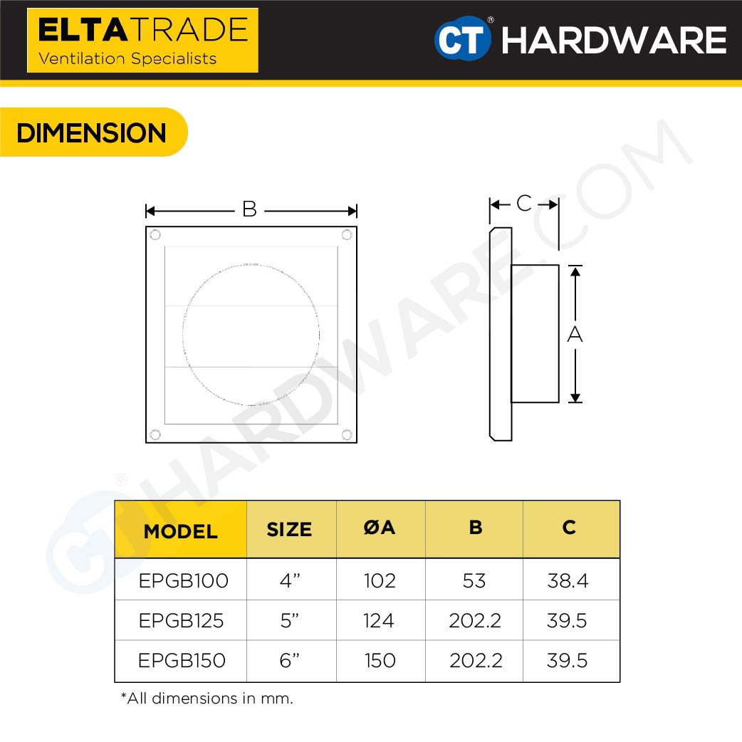 ELTA TRADE EPGB (4", 5", 6") EXTERNAL PLASTIC GRILLE WITH BACKDRAFT SHUTTER