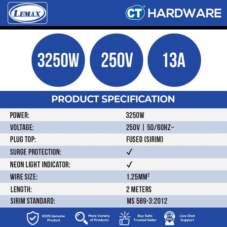 LMX ES203NSPW | ES204NSPW | ES205NSPW SOCKET 3 | 4 | 5 GANG 2 METER WITH SURGE PROTECTION & NEON INDICATOR 12A ( WHITE )