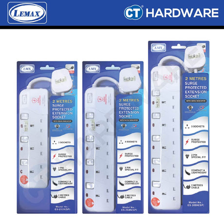 LMX ES203NSPW | ES204NSPW | ES205NSPW SOCKET 3 | 4 | 5 GANG 2 METER WITH SURGE PROTECTION & NEON INDICATOR 12A ( WHITE )