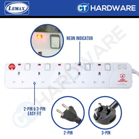 LMX ES203NSPW | ES204NSPW | ES205NSPW SOCKET 3 | 4 | 5 GANG 2 METER WITH SURGE PROTECTION & NEON INDICATOR 12A ( WHITE )