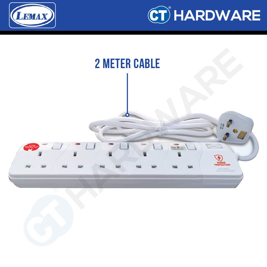 LMX ES203NSPW | ES204NSPW | ES205NSPW SOCKET 3 | 4 | 5 GANG 2 METER WITH SURGE PROTECTION & NEON INDICATOR 12A ( WHITE )