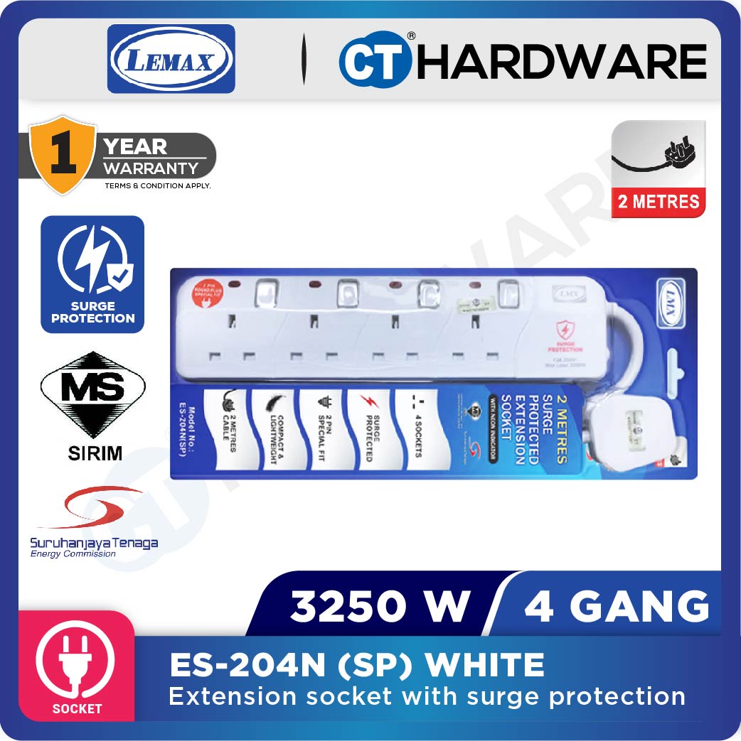 LMX ES203NSPW | ES204NSPW | ES205NSPW SOCKET 3 | 4 | 5 GANG 2 METER WITH SURGE PROTECTION & NEON INDICATOR 12A ( WHITE )