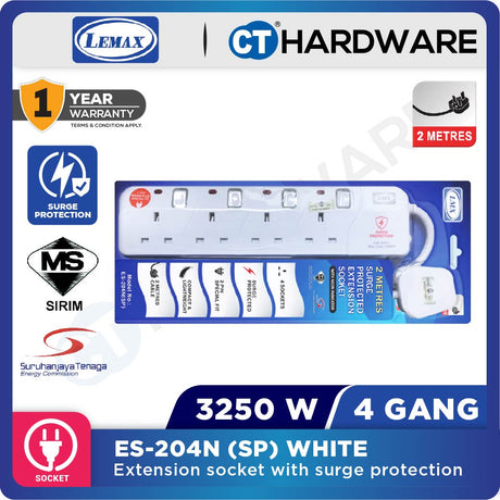 LMX ES203NSPW | ES204NSPW | ES205NSPW SOCKET 3 | 4 | 5 GANG 2 METER WITH SURGE PROTECTION & NEON INDICATOR 12A ( WHITE )