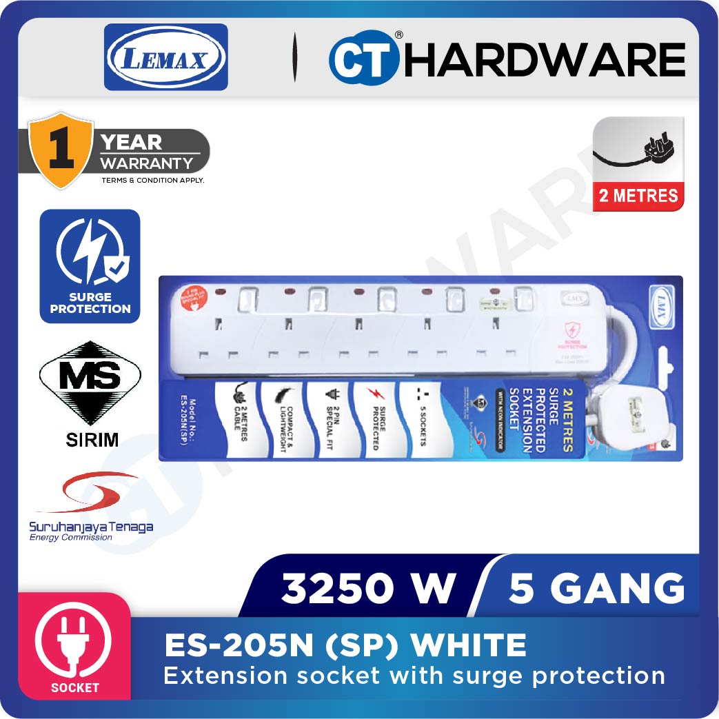 LMX ES203NSPW | ES204NSPW | ES205NSPW SOCKET 3 | 4 | 5 GANG 2 METER WITH SURGE PROTECTION & NEON INDICATOR 12A ( WHITE )