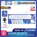 LMX ES203NSPW | ES204NSPW | ES205NSPW SOCKET 3 | 4 | 5 GANG 2 METER WITH SURGE PROTECTION & NEON INDICATOR 12A ( WHITE )