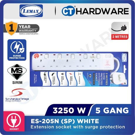LMX ES203NSPW | ES204NSPW | ES205NSPW SOCKET 3 | 4 | 5 GANG 2 METER WITH SURGE PROTECTION & NEON INDICATOR 12A ( WHITE )