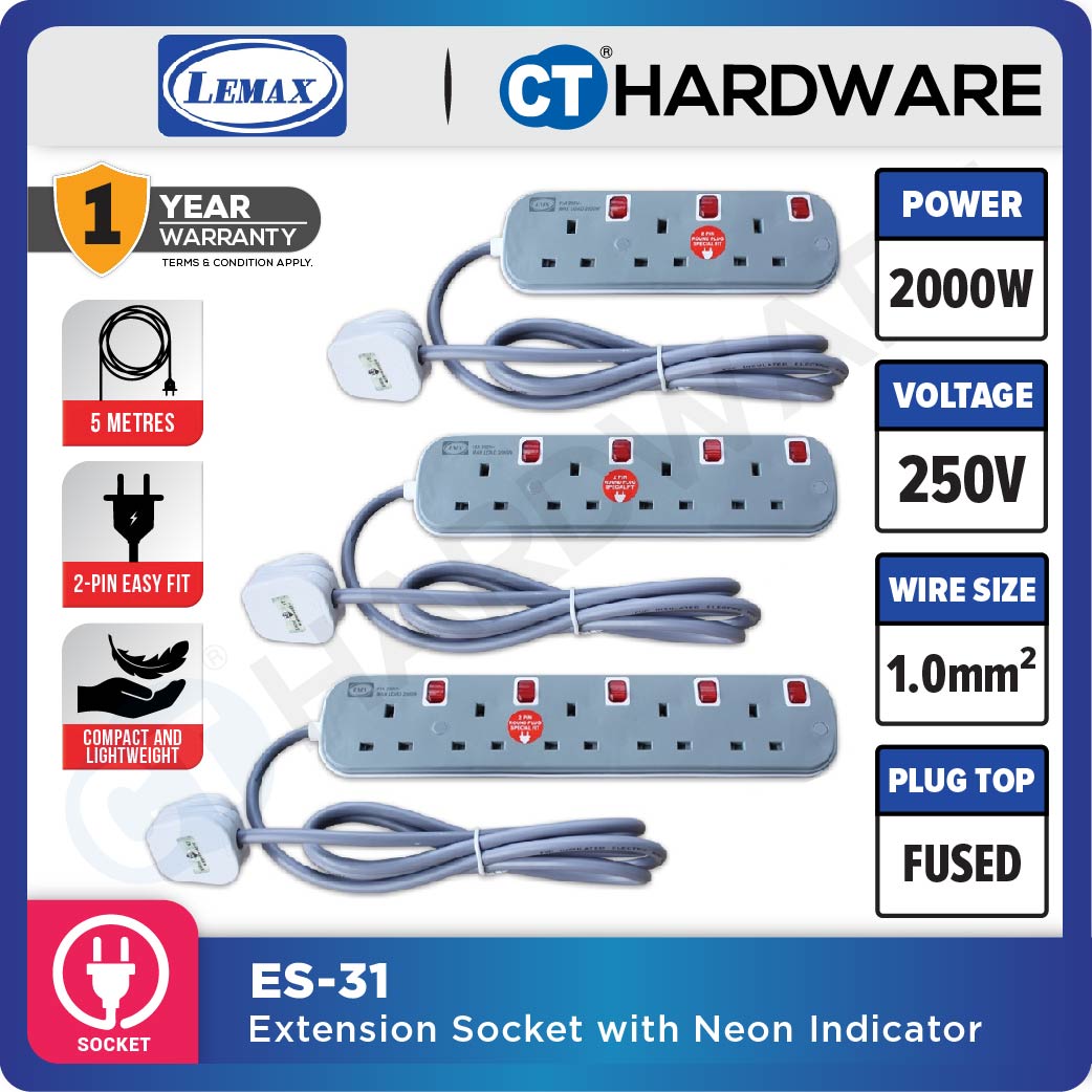 LMX ES3135M | ES3145M | ES3155M EXTENSION SOCKET WITH NEON INDICATOR 5 METER | 13A | 3-5 GANG [ BLISTER CARD ]
