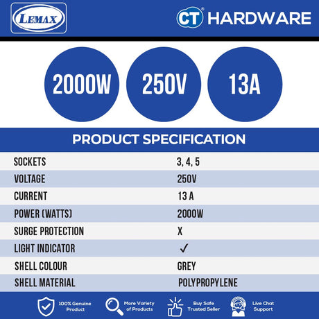 LMX ES3135M | ES3145M | ES3155M EXTENSION SOCKET WITH NEON INDICATOR 5 METER | 13A | 3-5 GANG [ BLISTER CARD ]