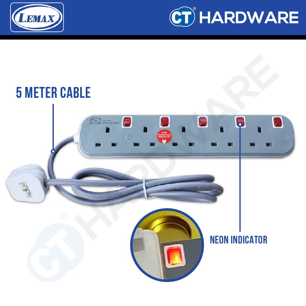 LMX ES3135M | ES3145M | ES3155M EXTENSION SOCKET WITH NEON INDICATOR 5 METER | 13A | 3-5 GANG [ BLISTER CARD ]