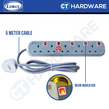 LMX ES3135M | ES3145M | ES3155M EXTENSION SOCKET WITH NEON INDICATOR 5 METER | 13A | 3-5 GANG [ BLISTER CARD ]