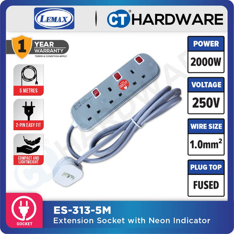 LMX ES3135M | ES3145M | ES3155M EXTENSION SOCKET WITH NEON INDICATOR 5 METER | 13A | 3-5 GANG [ BLISTER CARD ]