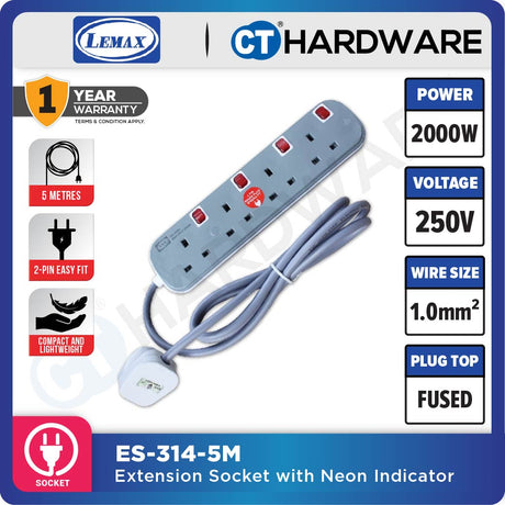 LMX ES3135M | ES3145M | ES3155M EXTENSION SOCKET WITH NEON INDICATOR 5 METER | 13A | 3-5 GANG [ BLISTER CARD ]