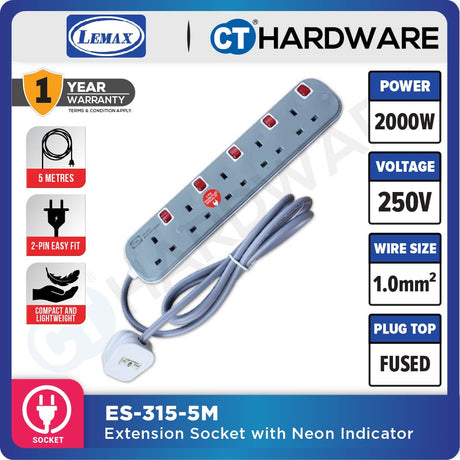 LMX ES3135M | ES3145M | ES3155M EXTENSION SOCKET WITH NEON INDICATOR 5 METER | 13A | 3-5 GANG [ BLISTER CARD ]