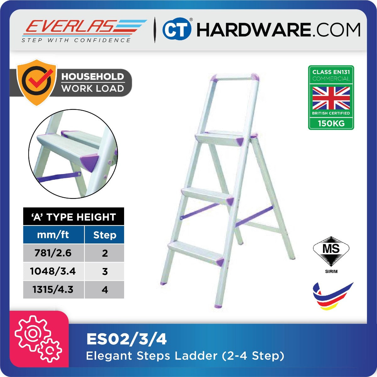 EVERLAS ES ELEGANT STEPS LADDER CLASS III COMMERCIAL STEP 2 - 4 HEIGHT 482MM / 1.58FT - 1315MM / 4.31FT FOR GENERAL HOUSEHOLD