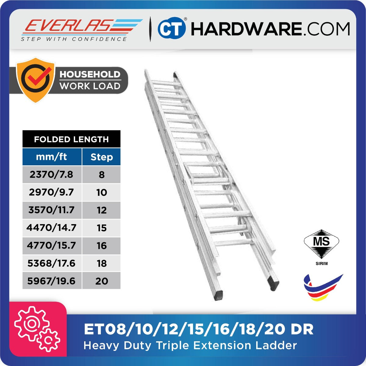 EVERLAS ET HEAVY DUTY TRIPLE EXTENSION LADDER  150KG WORK LOAD STEP: 8-20 MAX LENGTH: 4767MM/15.6FT - 14368MM/47.14FT