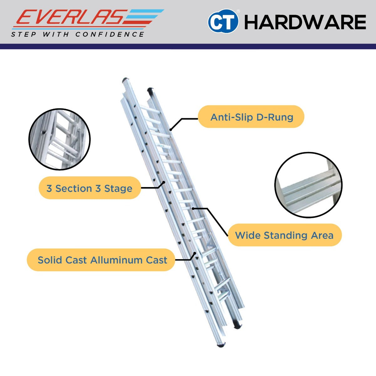 EVERLAS ET HEAVY DUTY TRIPLE EXTENSION LADDER  150KG WORK LOAD STEP: 8-20 MAX LENGTH: 4767MM/15.6FT - 14368MM/47.14FT