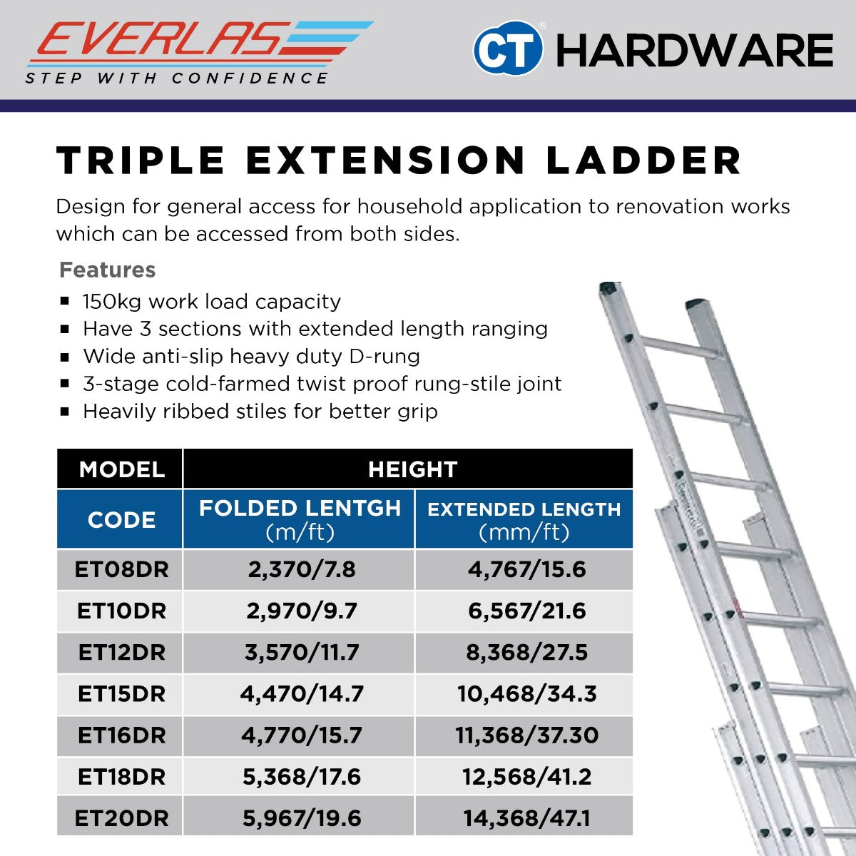 EVERLAS ET HEAVY DUTY TRIPLE EXTENSION LADDER  150KG WORK LOAD STEP: 8-20 MAX LENGTH: 4767MM/15.6FT - 14368MM/47.14FT