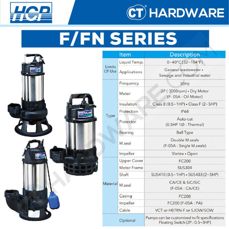 HCP F-05A SUBMERSIBLE SEWAGE EFFLUENT PUMPS 2" | 1/2HP | 200L/M | MANUAL [ F05A ]