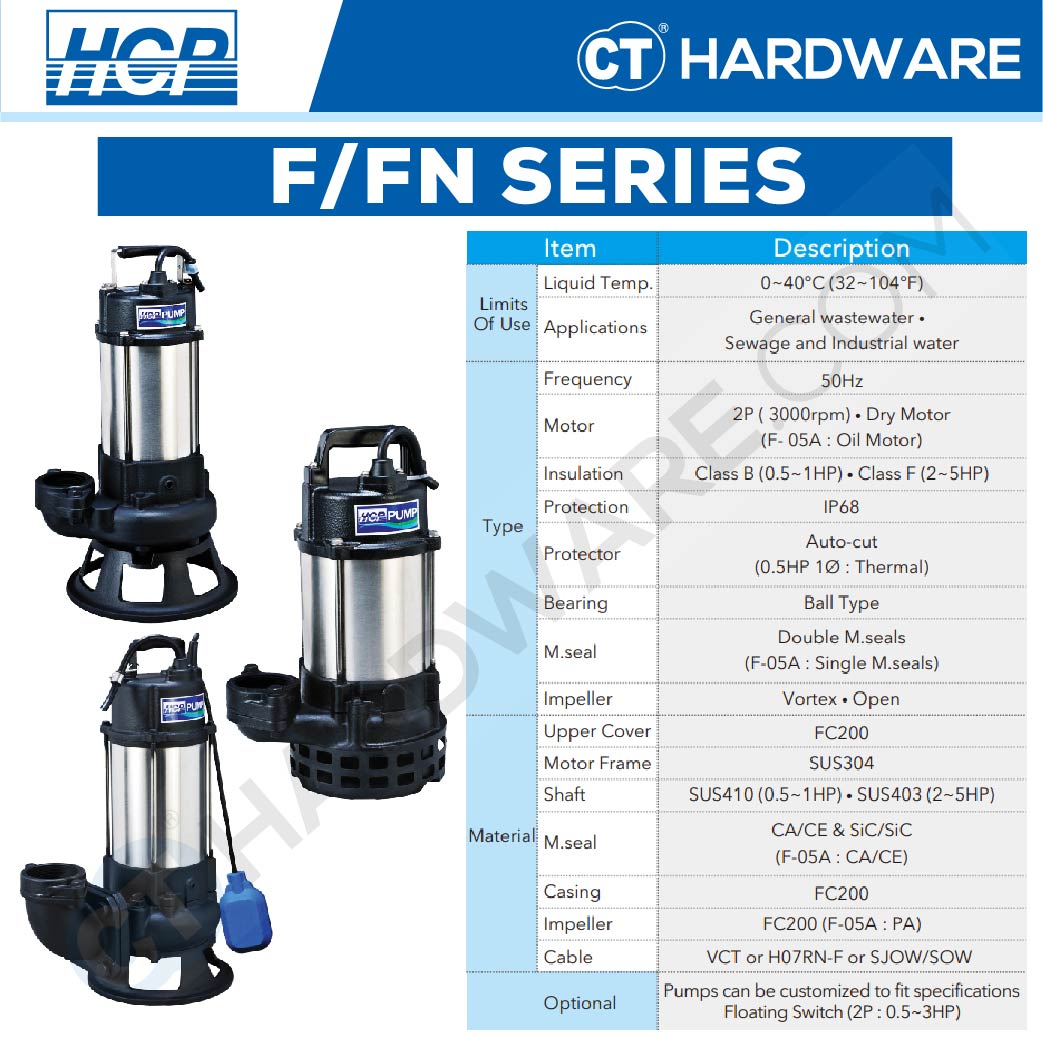 HCP F-31UFA SUBMERSIBLE SEWAGE EFFLUENT PUMPS 1HP | 230V | 460L/M | 10M/H | 3" [ F31UFA ]