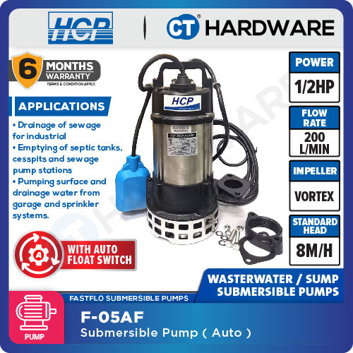 HCP F-05AF SUBMERSIBLE SEWAGE EFFLUENT PUMPS 2" | 1/2HP | 200L/MIN | AUTO [ F05AF ]