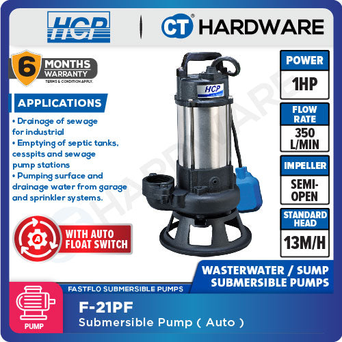 HCP F-21PFA SUBMERSIBLE SEWAGE EFFLUENT PUMPS 2" | 1/2HP | 200L/M | AUTO [ F21PFA ]