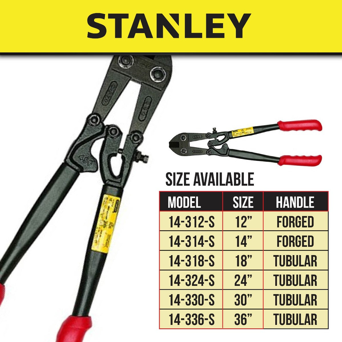 STANLEY BOLT CUTTER FORGED / TUBULAR HANDLE SIZE: 12" / 14" / 18" / 24" / 30" / 36"