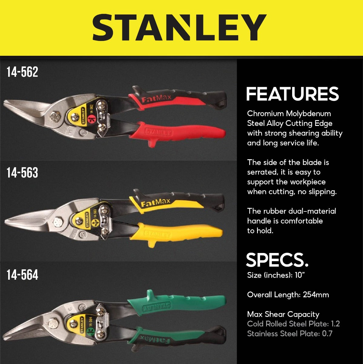 STANLEY MAX STEEL AVIATION SNIPS LEFT 10" 250MM STRAIGHT / LEFT / RIGHT [ 14562 / 14563 / 14564 ]