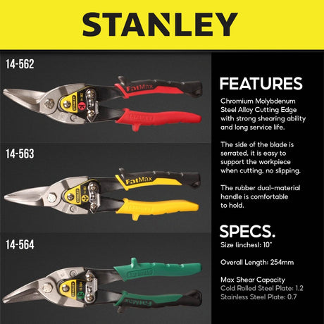 STANLEY MAX STEEL AVIATION SNIPS LEFT 10" 250MM STRAIGHT / LEFT / RIGHT [ 14562 / 14563 / 14564 ]