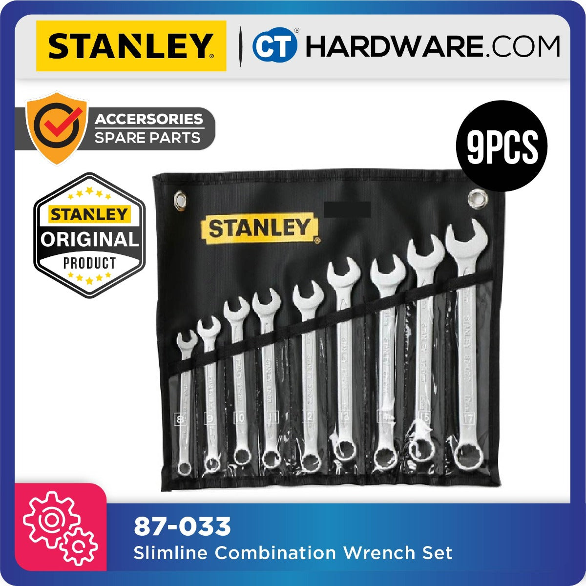 STANLEY 87-0333-1 SLIMLINE COMBINATION WRENCH SET 10-19MM 9PCS (12 POINTS) [ 87033 ]
