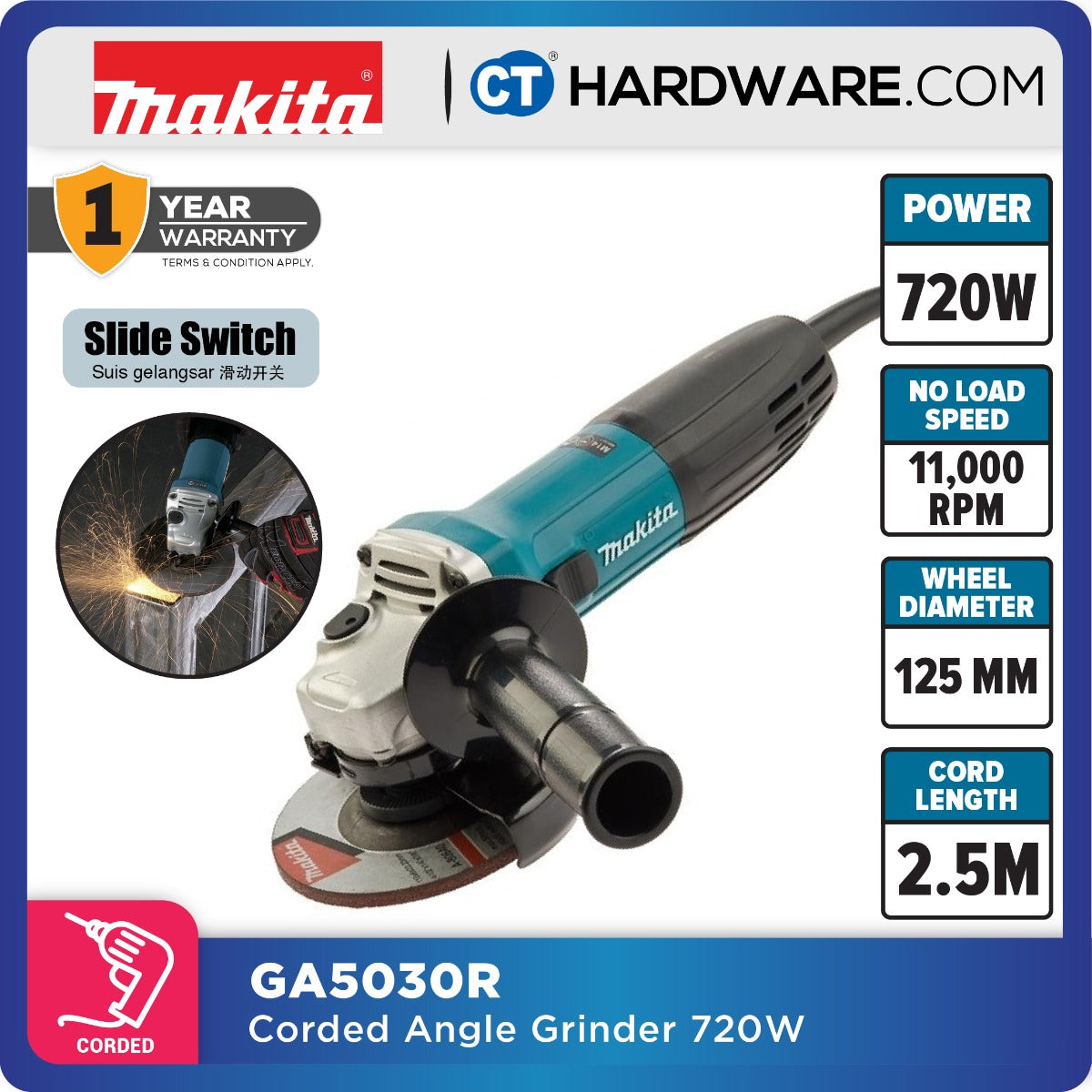 MAKITA GA5030R 125MM (5") ANGLE GRINDER