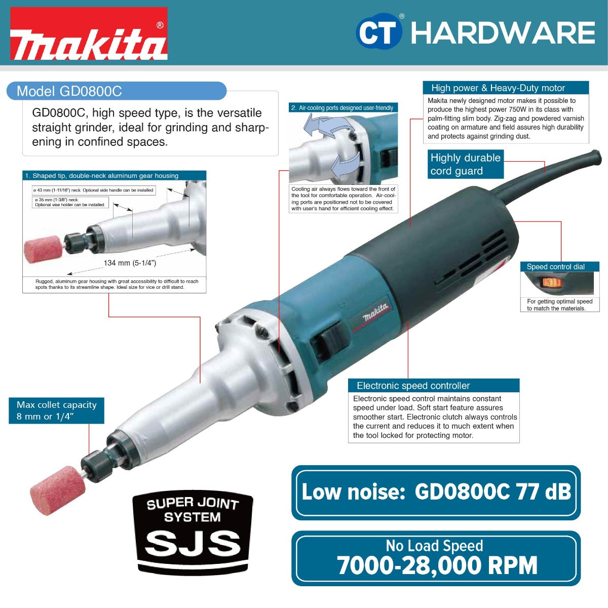 MAKITA GD0800C 6.35mm (1/4") 750W High Speed Die Grinder