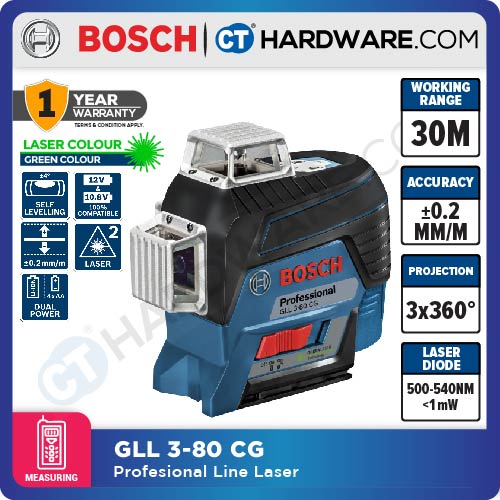 BOSCH GLL 3-80 CG PROFESSIONAL LINE LASER #1H2V | 30M/120M WITH LR7 RECEIVER  |  0601063U80 | SINGLE UNIT | GREEN LINE [ GLL380CG ]