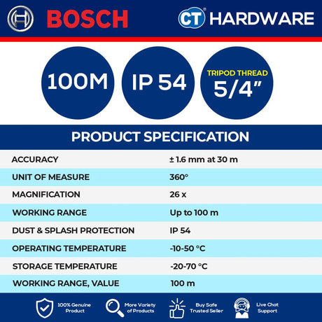 BOSCH GOL 26 D PROFESSIONAL OPTICAL LEVEL MAX 100M | IP 54 |  ± 1.6 MM at 30 M | 26 x [ GOL26D ]