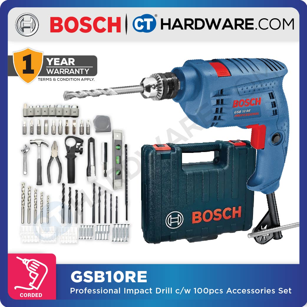 BOSCH GSB 10 RE PROFESSIONAL CORDED IMPACT DRILL 10MM | 500W COME WITH 100PCS ACCESSORIES SET [ GSB10RE ]