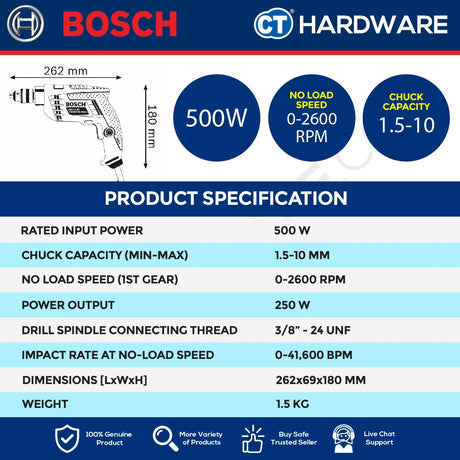 BOSCH GSB 10 RE PROFESSIONAL CORDED IMPACT DRILL 10MM | 500W COME WITH 100PCS ACCESSORIES SET [ GSB10RE ]