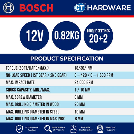 BOSCH GSB 12V-30 CORDLESS BRUSHLESS IMPACT DRILL 12V | 420-1600RPM | 06019G91L1 COME WITH 2x BATTERY & 1x CHARGER [GSB12V30]