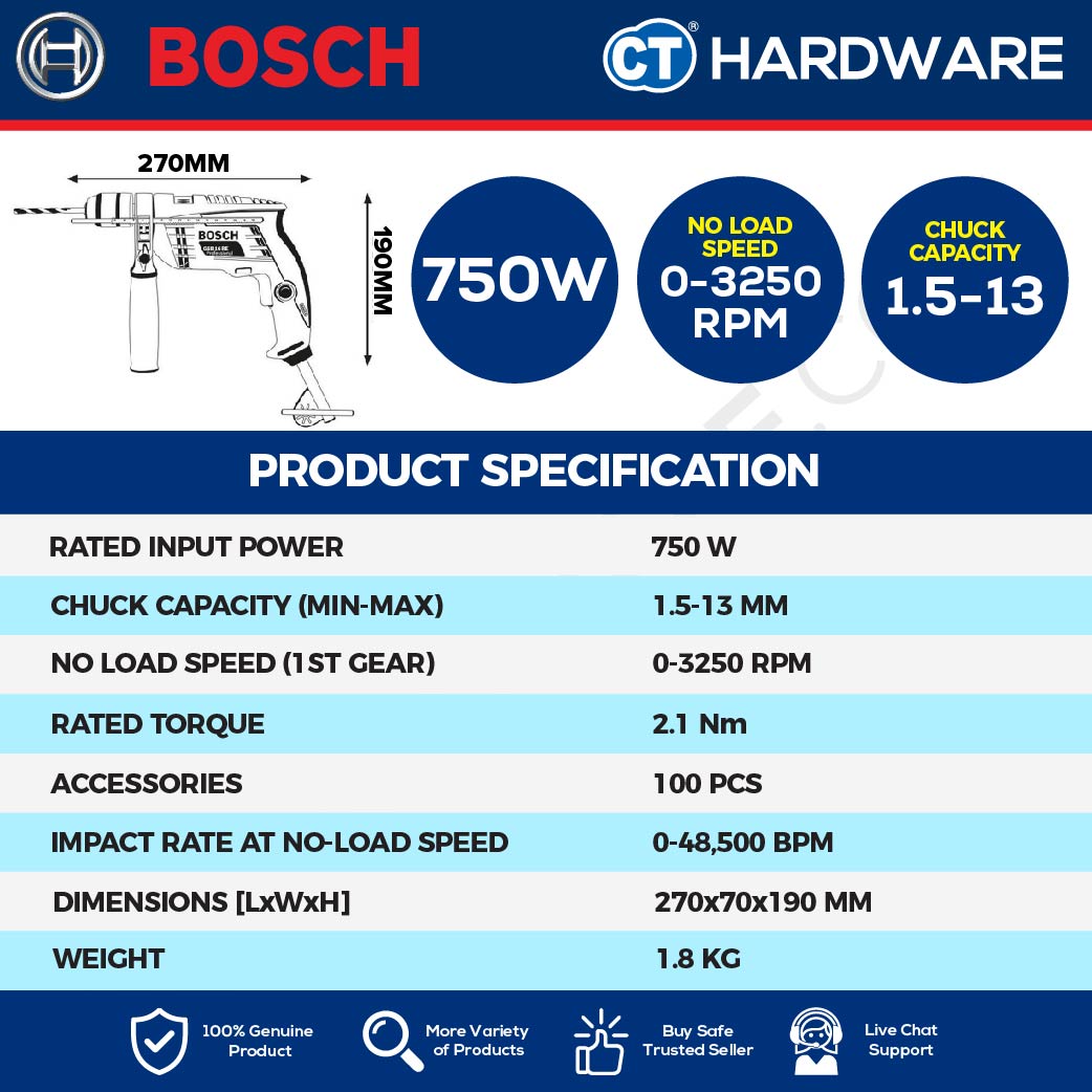 BOSCH GSB 16 RE PROFESSIONAL IMPACT DRILL 750 W | 2.1 Nm COME WITH 100PCS ACCESSORIES [ GSB16RES ]