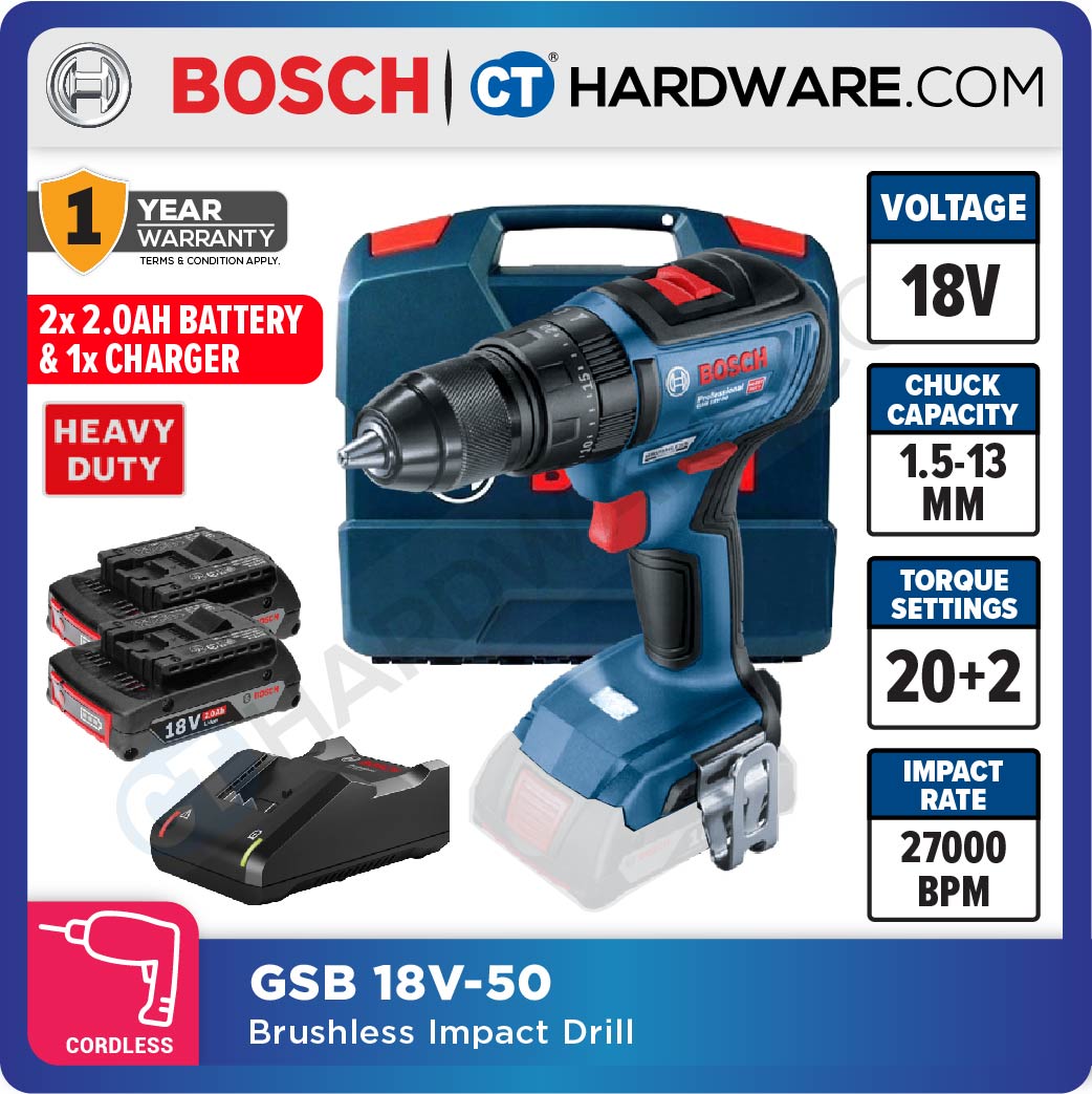 BOSCH GSB 18V-50 BRUSHLESS CORDLESS IMPACT  DRILL 18V | 2.0AH | 420-1600RPM | 30/17NM [ 06019H51L0 | GSB18V50 ]